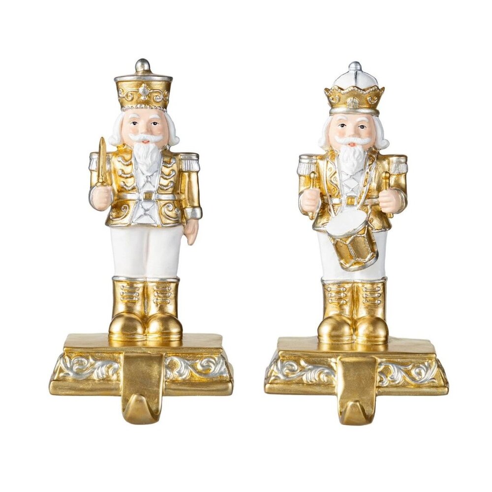 Nutcracker Christmas Stocking Holders, Set of 2 Gold and White